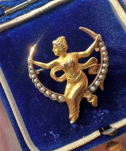 ANTIQUE • Art Nouveau 10k Yellow Gold Repoussé Female Swinging on Seed Pearl Crescent Brooch