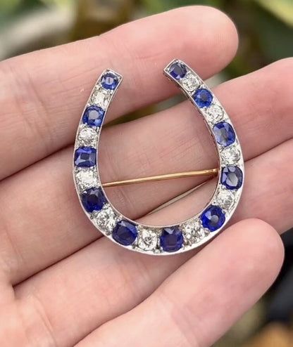 ANTIQUE • Victorian 14k Gold w/Rhodium Ceylon Sapphire & OMC Diamond Horseshoe