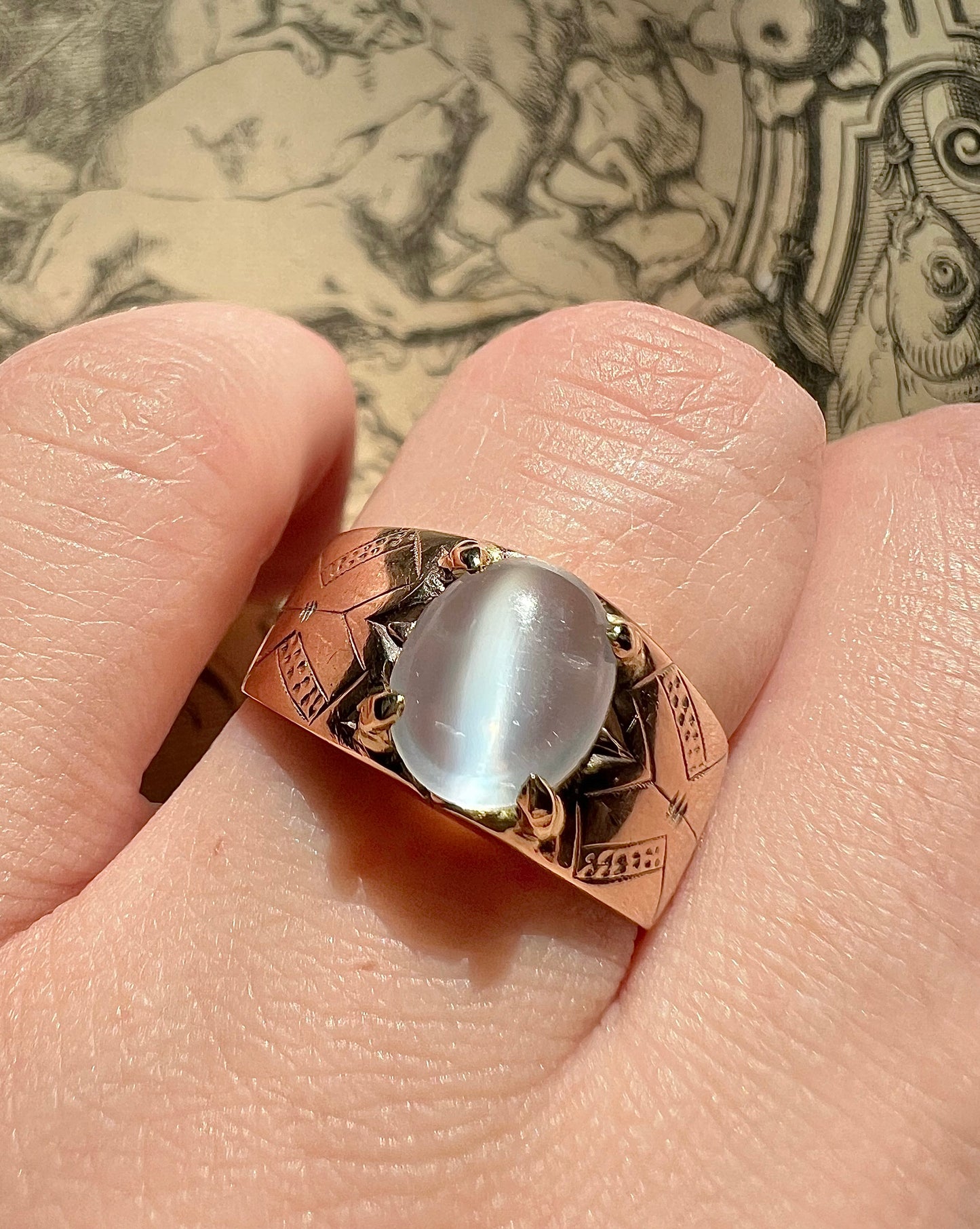 ANTIQUE • Art Nouveau 8k Rosy Gold German Jugendstil Engraved Moonstone Ring