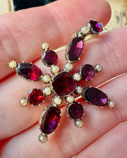 ANTIQUE • Georgian 14k Yellow Gold Foiled Garnet & Seed Pearl Cruciform Pendant