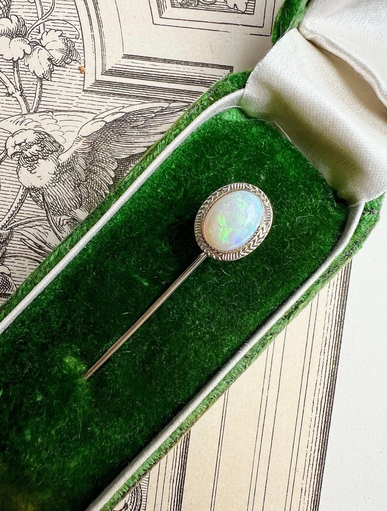 ANTIQUE • Art Deco 14k White Gold w/ Australian Opal Cabochon Stick Pin