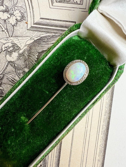 ANTIQUE • Art Deco 14k White Gold w/ Australian Opal Cabochon Stick Pin