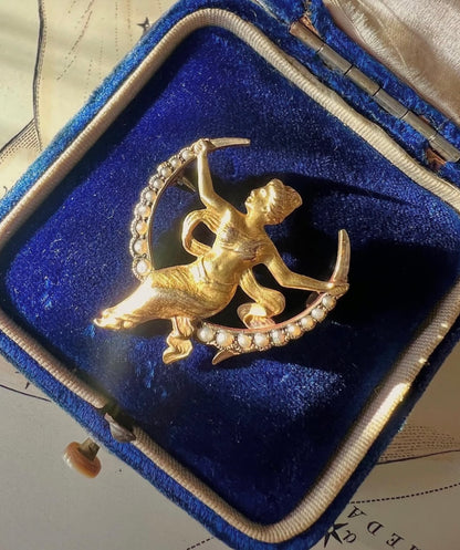ANTIQUE • Art Nouveau 10k Yellow Gold Repoussé Female Swinging on Seed Pearl Crescent Brooch
