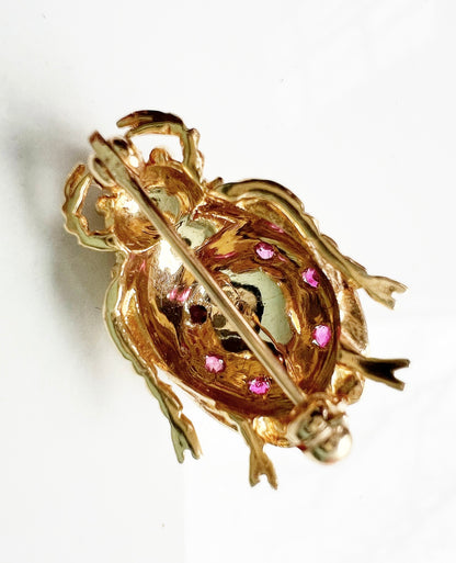 VINTAGE • Retro 14k Yellow Gold Gem-Set Scarab Beetle w/ Natural Rubies Brooch Pin