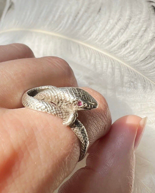 ANTIQUE • Victorian Sterling Silver Snake Ring w/ Garnet Eyes