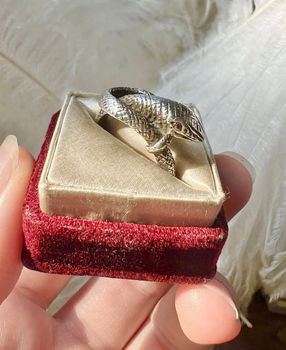 ANTIQUE • Victorian Sterling Silver Snake Ring w/ Garnet Eyes