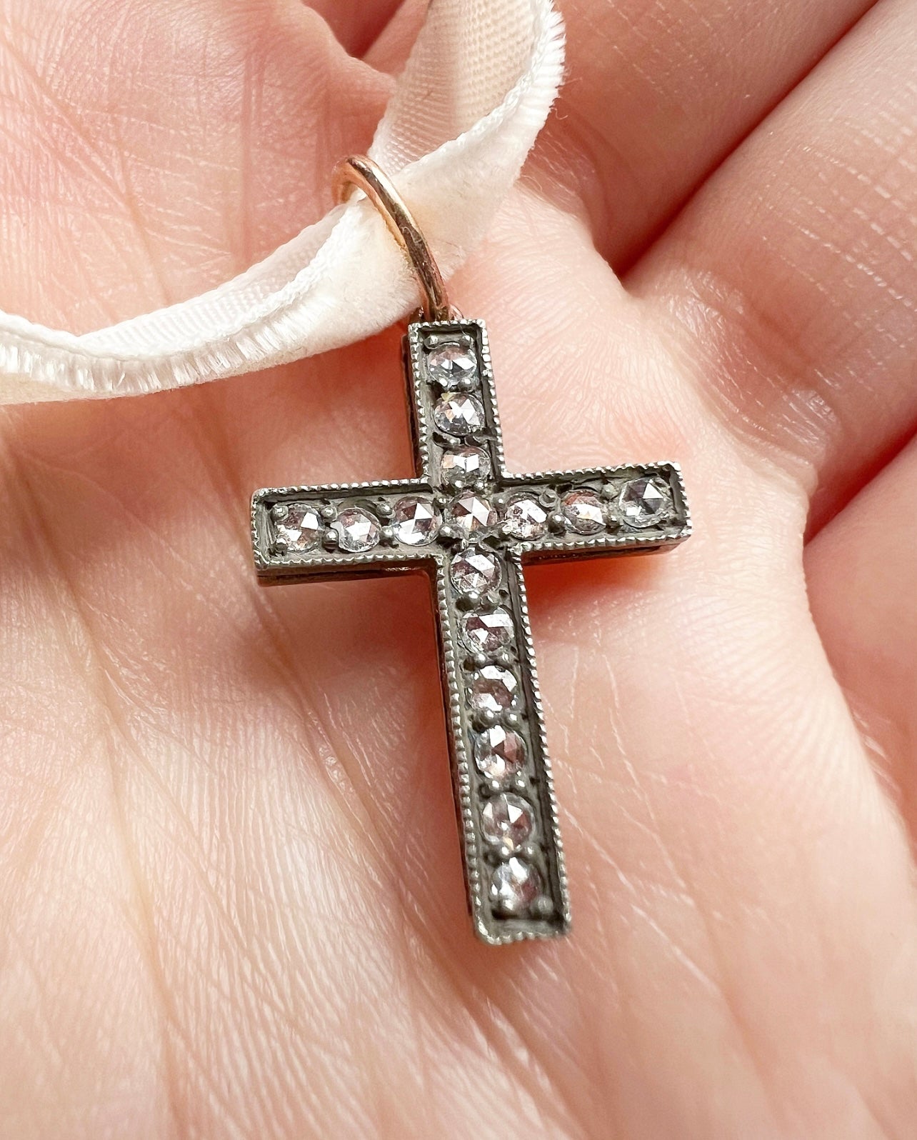 ANTIQUE • Art Deco Russian 14k Rose Gold & Silver w/ Rose Cut Diamonds Cross Pendant