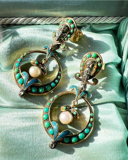 ANTIQUE • Victorian 15ct Dangle Earrings w/ Persian Turquoise, Diamond & Pearl