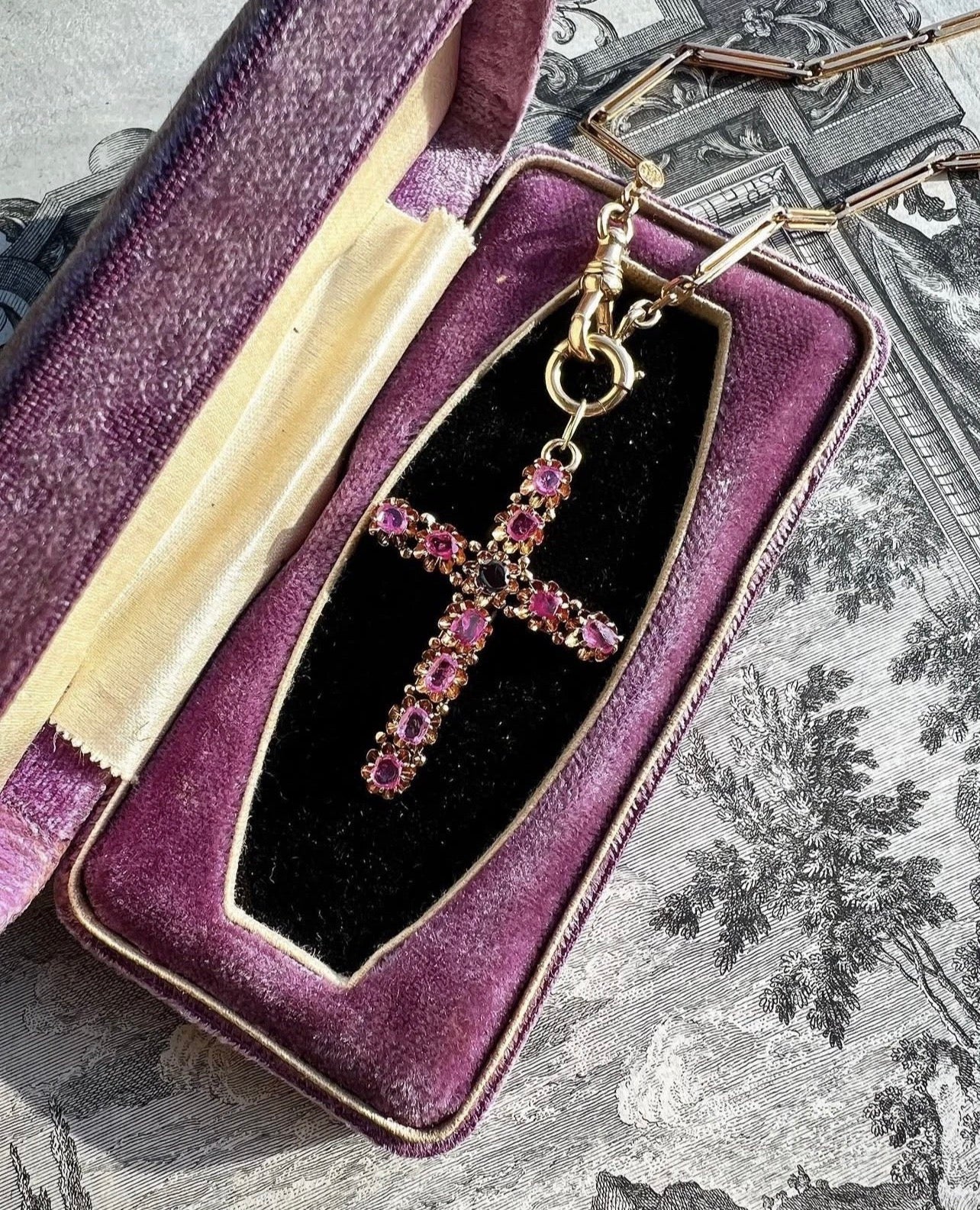 ANTIQUE • Victorian 14k Yellow Gold Table-Cut Natural Ruby Cross Pendant