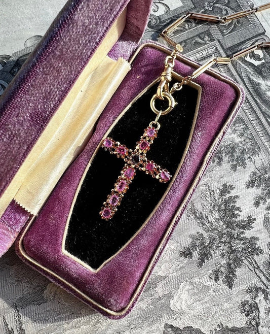 ANTIQUE • Victorian 14k Yellow Gold Table-Cut Natural Ruby Cross Pendant