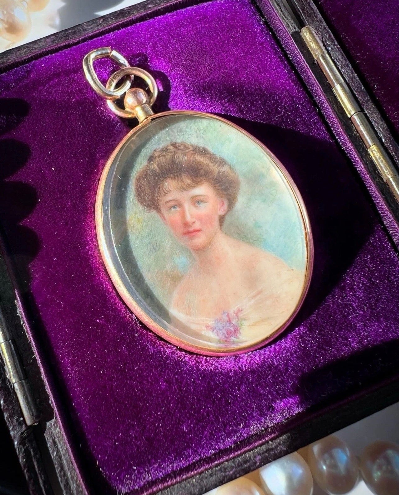 ANTIQUE • Art Nouveau 9ct Rose Gold Guache Miniature Maiden Portrait Pendant