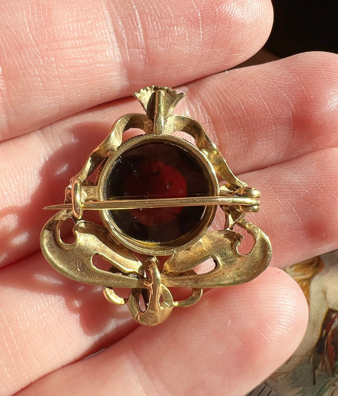 ANTIQUE • Art Nouveau 14k Yellow Gold Gold Flora & Fauna w/ Garnet Carbuncle Cabochon Brooch