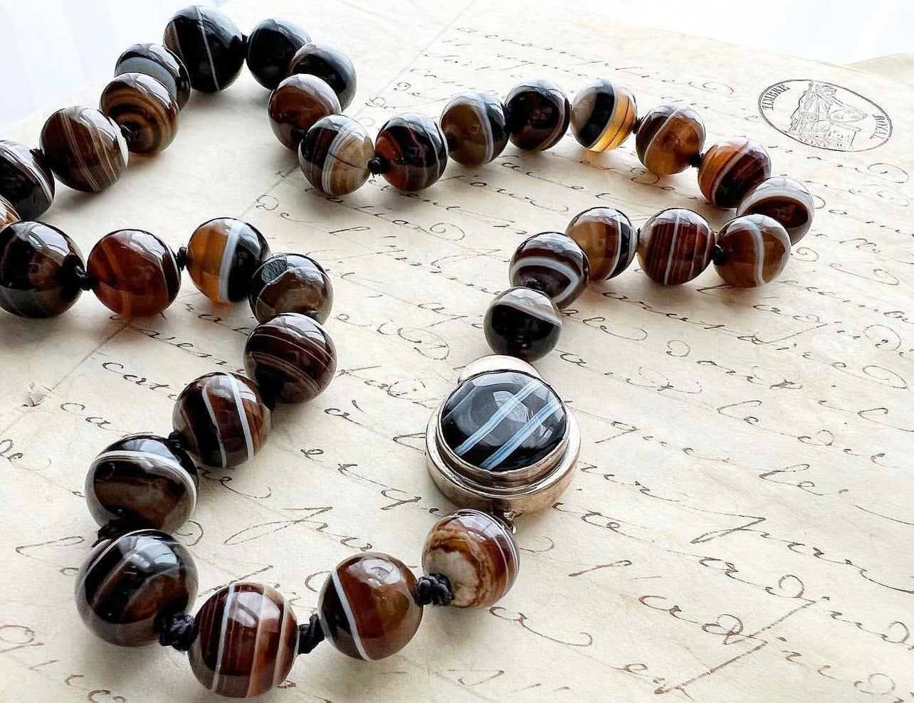 ANTIQUE • Victorian Scottish Banded Agate Bead Necklace w/ Sterling Silver Clasp