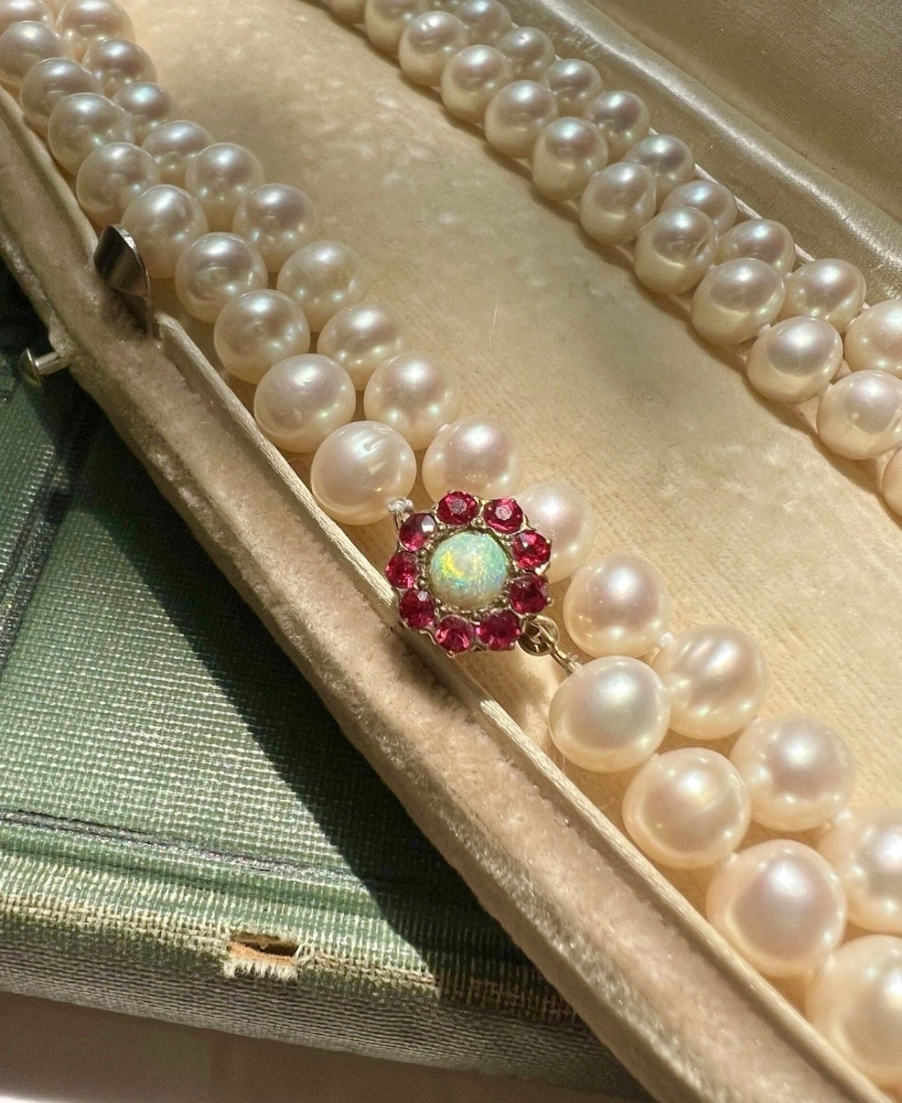 ANTIQUE • Victorian 14k Gold w/ Ruby & Opal Pearl Strand Necklace