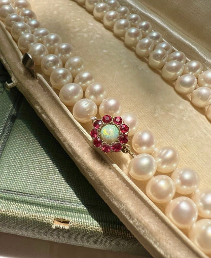 ANTIQUE • Victorian 14k Gold w/ Ruby & Opal Pearl Strand Necklace