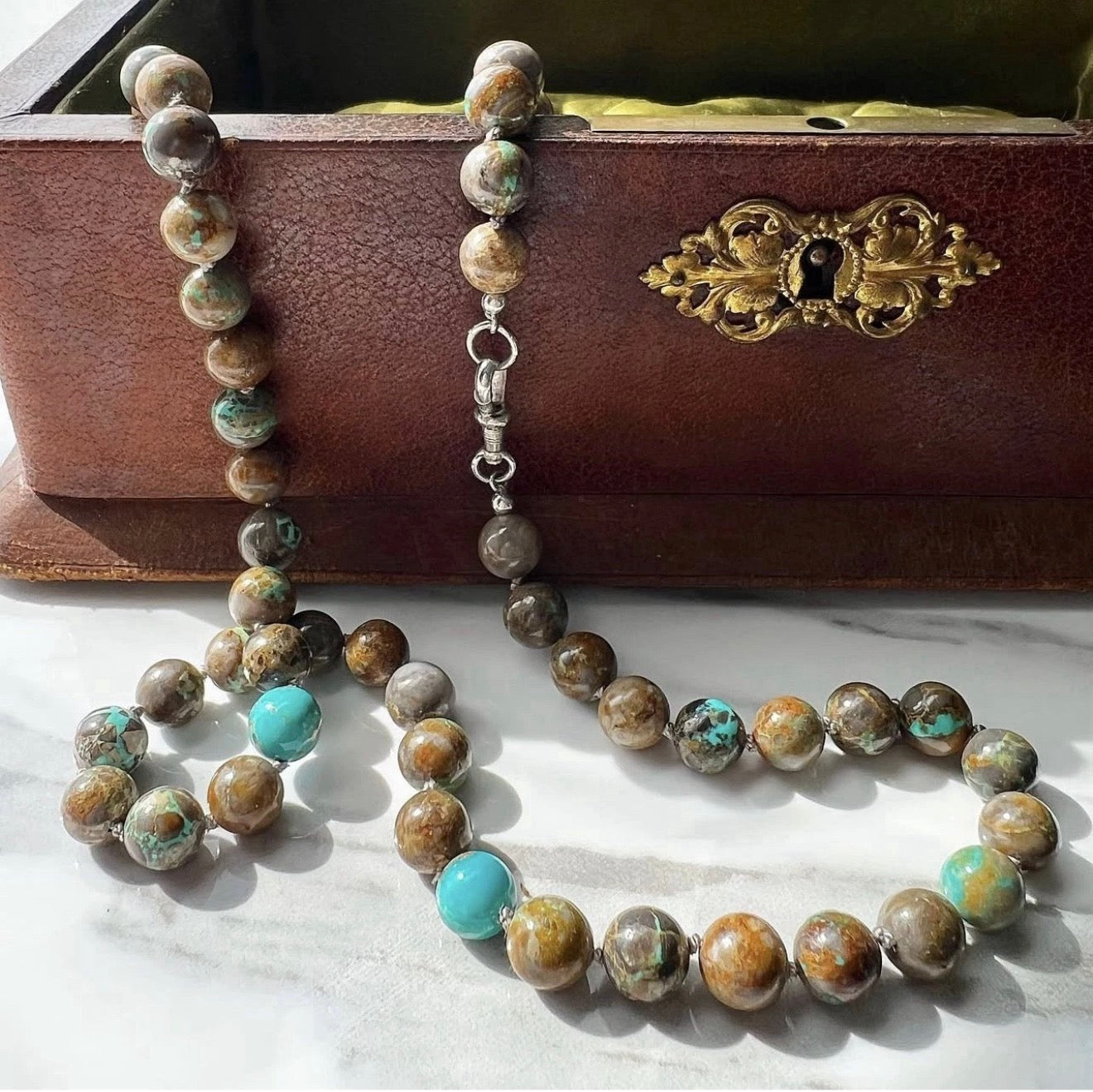 ANTIQUE • Art Deco Sterling Silver Carico Lake Turquoise Strand Necklace C. 1920