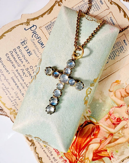 ANTIQUE • Georgian Pinchbeck Moonstone Cabochon Cross Pendant