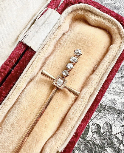 ANTIQUE • Art Deco 14k Yellow Gold w/ Old Mine Cut Diamonds Sword Stick Pin