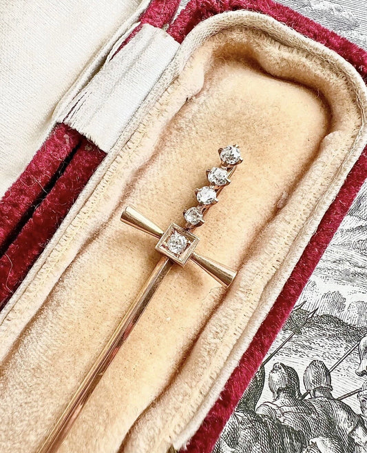 ANTIQUE • Art Deco 14k Yellow Gold w/ Old Mine Cut Diamonds Sword Stick Pin