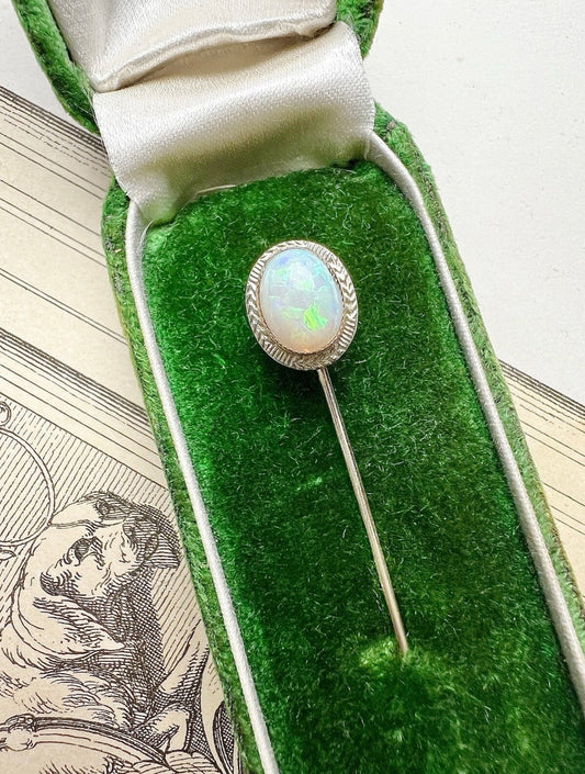 ANTIQUE • Art Deco 14k White Gold w/ Australian Opal Cabochon Stick Pin