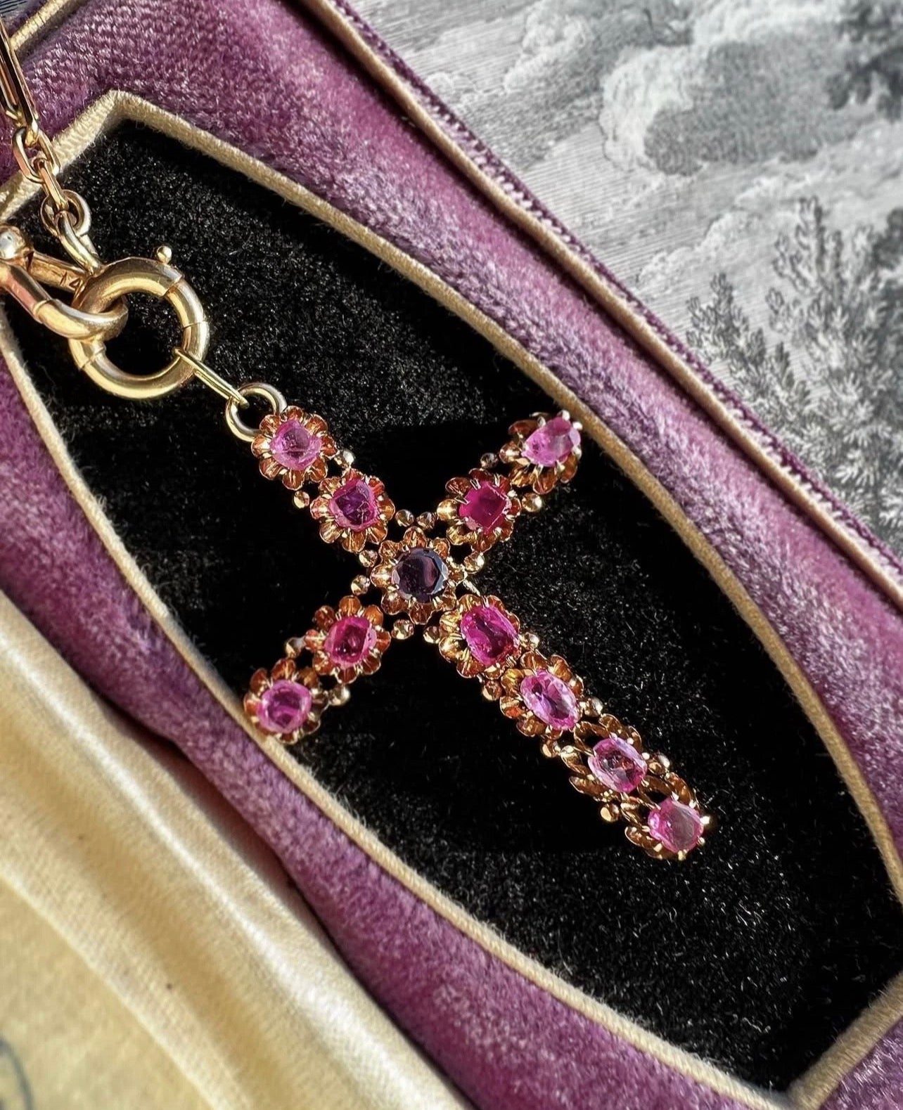 ANTIQUE • Victorian 14k Yellow Gold Table-Cut Natural Ruby Cross Pendant