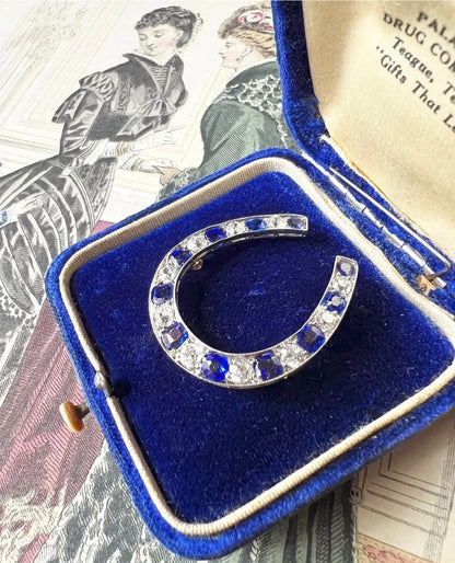 ANTIQUE • Victorian 14k Gold w/Rhodium Ceylon Sapphire & OMC Diamond Horseshoe