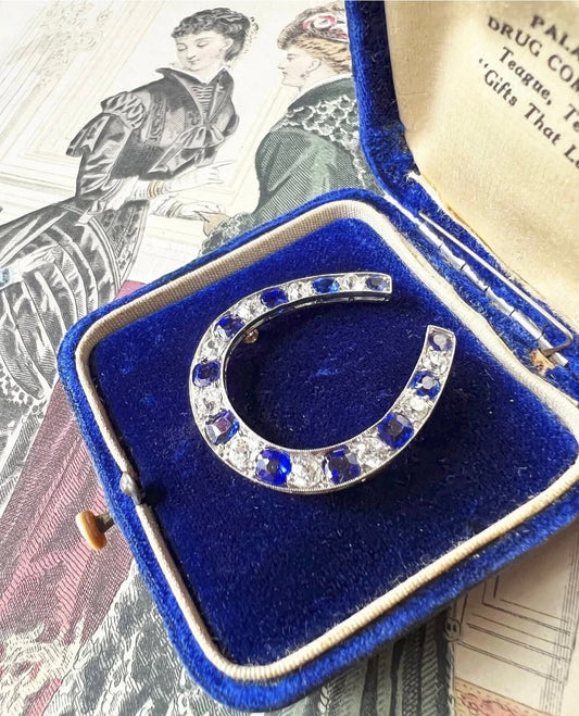 ANTIQUE • Victorian 14k Gold w/Rhodium Ceylon Sapphire & OMC Diamond Horseshoe
