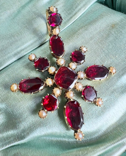 ANTIQUE • Georgian 14k Yellow Gold Foiled Garnet & Seed Pearl Cruciform Pendant