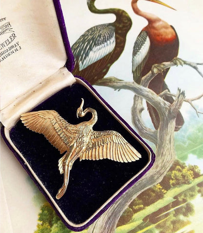 VINTAGE • AGA Correa & Son 14k Yellow Gold Crane Brooch & Pendant