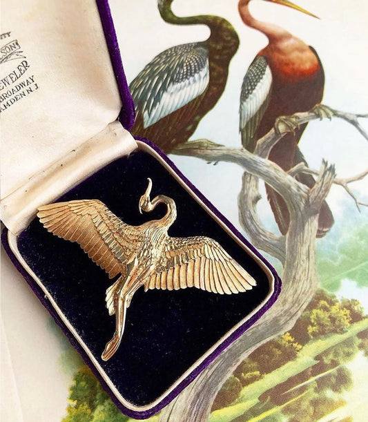 VINTAGE • AGA Correa & Son 14k Yellow Gold Crane Brooch & Pendant