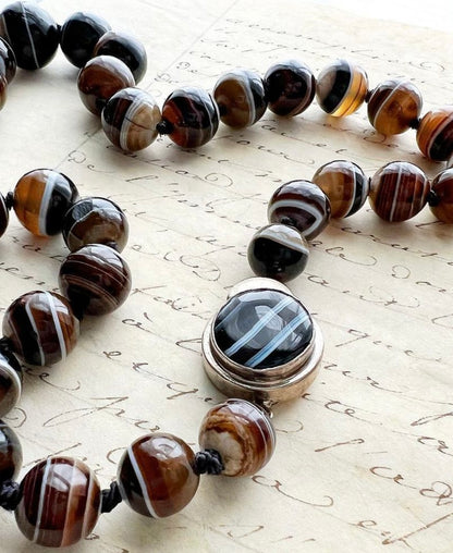 ANTIQUE • Victorian Scottish Banded Agate Bead Necklace w/ Sterling Silver Clasp