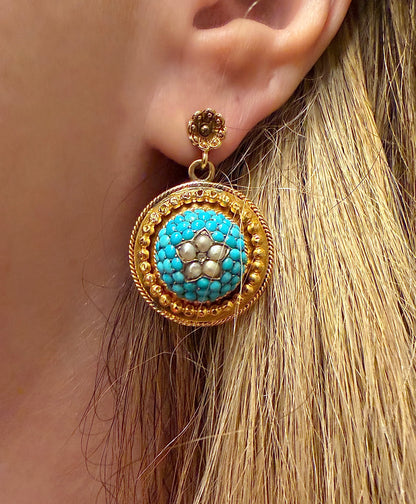 ANTIQUE • Victorian 14k Yellow Gold Celestial Earrings w/ Persian Turquoise, Sea Pearls & Rose Cut Diamonds