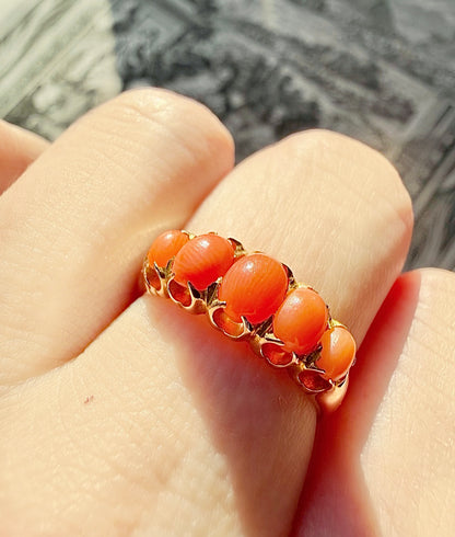 ANTIQUE • Victorian 15ct Yellow Gold Natural Coral 5-Stone Ring