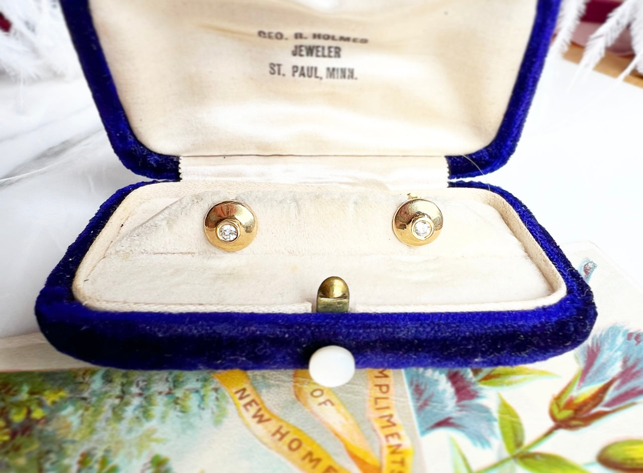 VINTAGE • Retro 14k Yellow Gold Bezel Set Diamond Stud Earrings