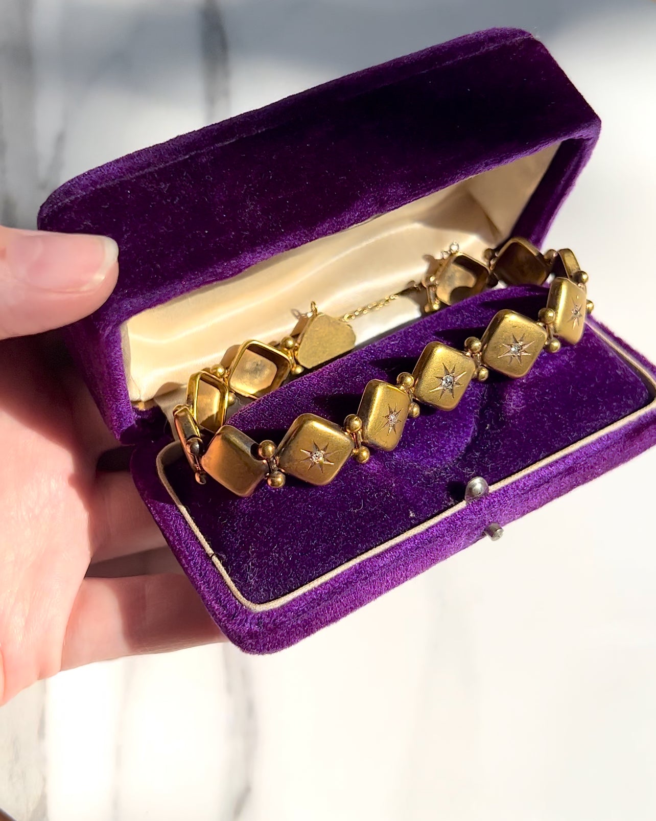 ANTIQUE • Victorian 10k Yellow Gold Square Link w/ Old Mine Cut Diamonds Bracelet (repair needed)