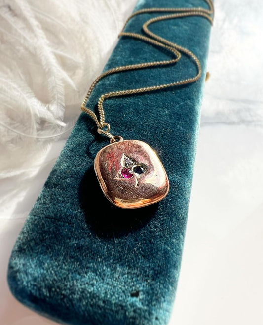 ANTIQUE • Victorian 10k Rose Gold Picture Locket Necklace w/ Old Cut Diamond, Sapphire & Ruby Club Symbol