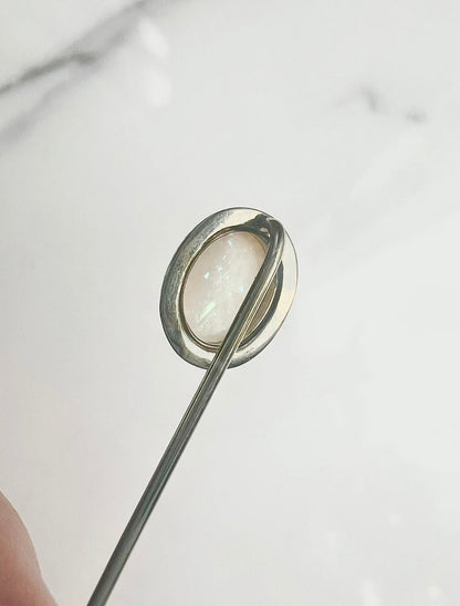 ANTIQUE • Art Deco 14k White Gold w/ Australian Opal Cabochon Stick Pin