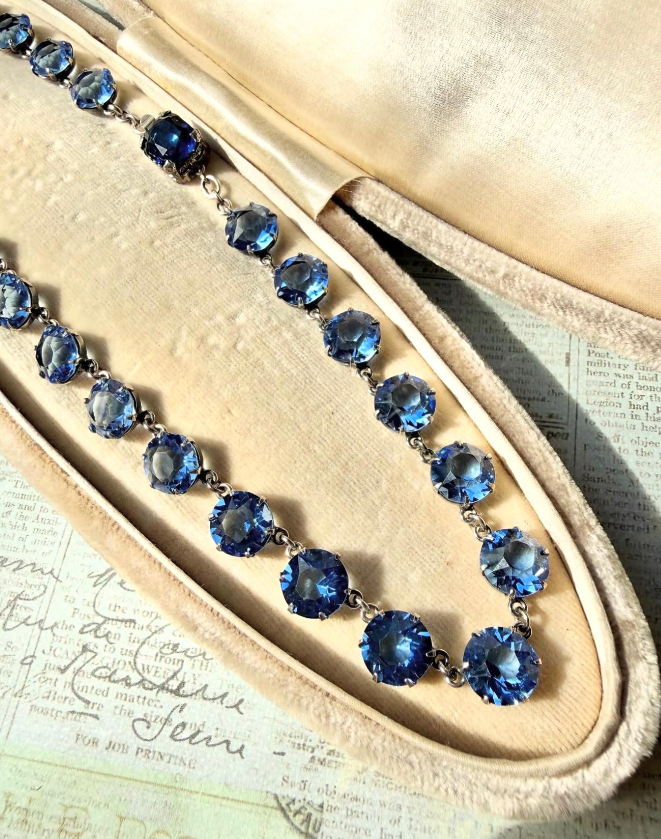 ANTIQUE • Art Deco Sterling Silver w/ Blue Sapphire Paste Rivière Necklace