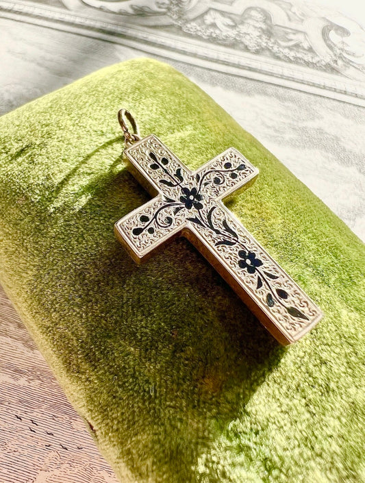 ANTIQUE • Victorian 10k Yellow Gold Taille D’Epargne Enamel Cross Pendant Charm