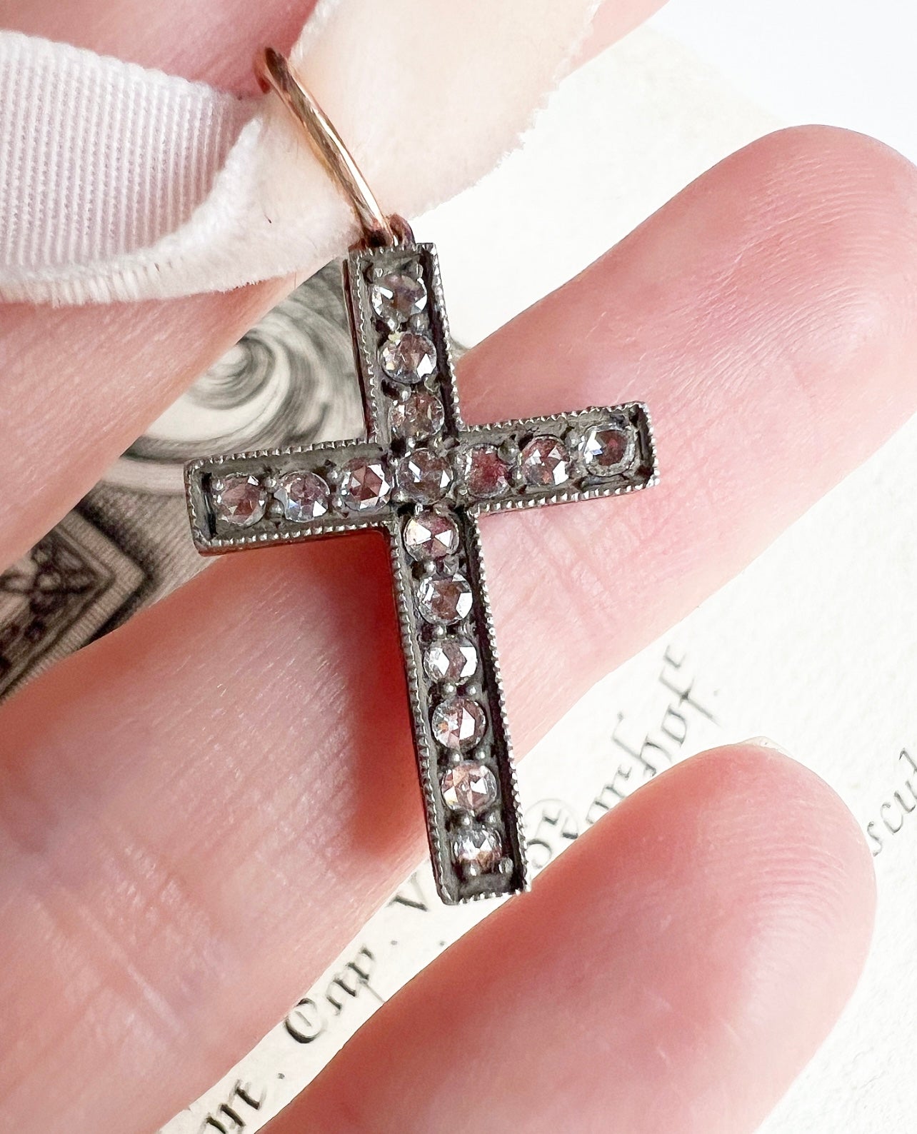 ANTIQUE • Art Deco Russian 14k Rose Gold & Silver w/ Rose Cut Diamonds Cross Pendant