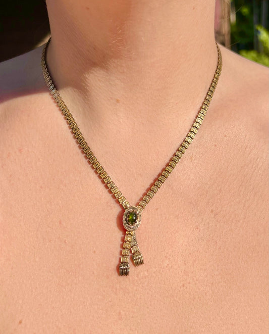 ANTIQUE • Victorian 10k Yellow Gold Book Chain Necklace w/ Tourmaline Clasp