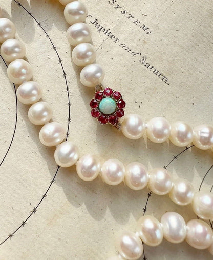 ANTIQUE • Victorian 14k Gold w/ Ruby & Opal Pearl Strand Necklace