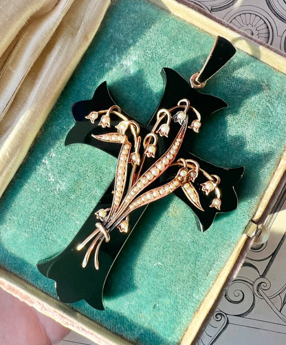 RESERVED • Victorian Onyx 14k Yellow Gold w/ Seed Pearls Mourning Cross Pendant (Payment Plan for “CM”)