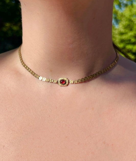 ANTIQUE • Victorian 10k Yellow Gold Book Chain Necklace w/ Foiled Garnet Paste Clasp