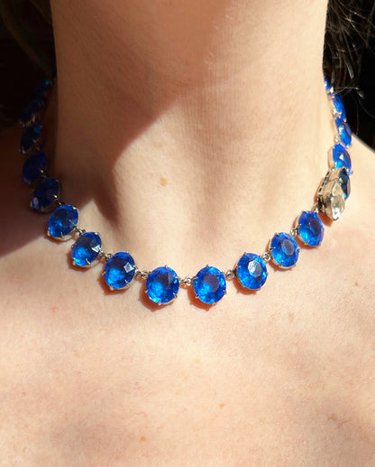 ANTIQUE • Art Deco Sterling Silver Blue Sapphire Crystal Paste Rivière Necklace