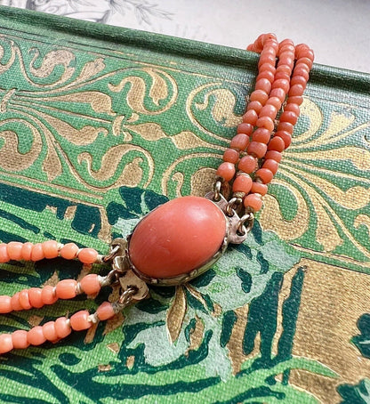 ANTIQUE • Victorian 14k Yellow Gold w/ Natural Coral Multi-Strand Necklace