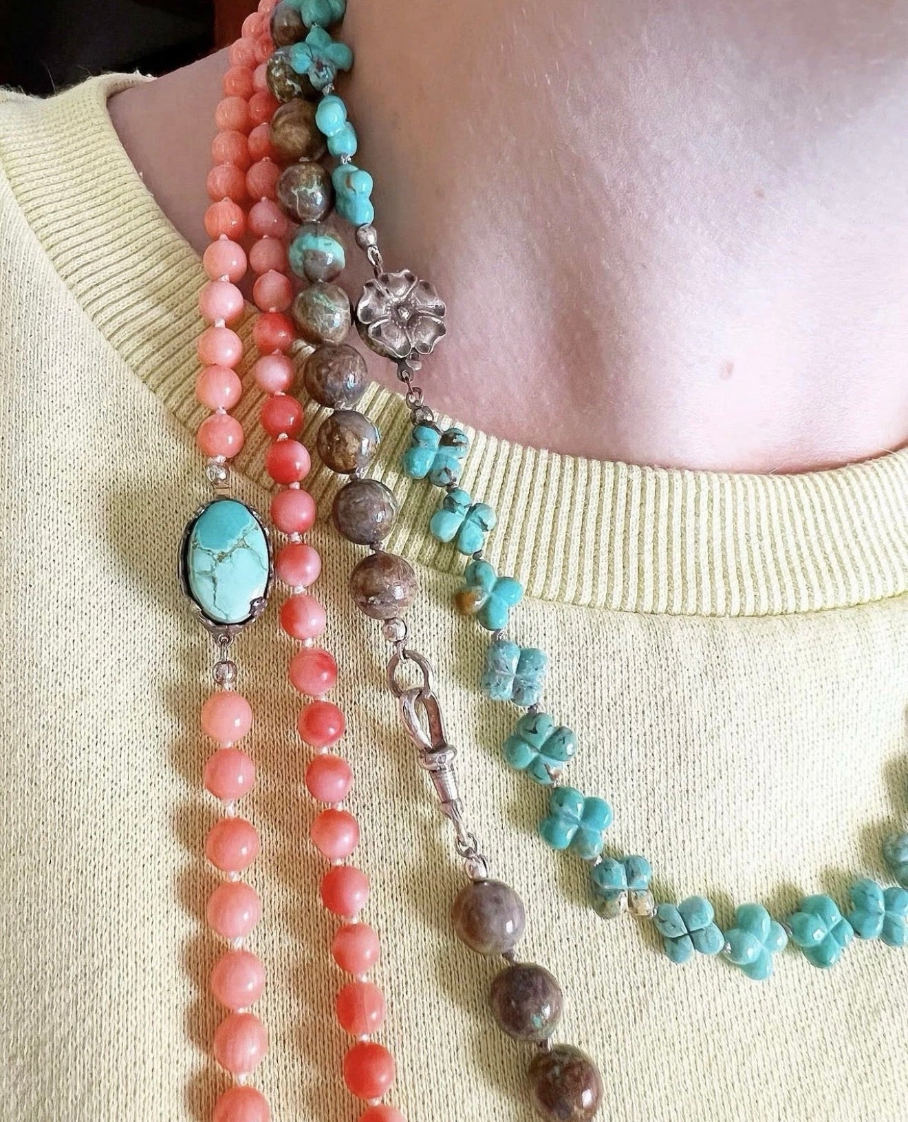 ANTIQUE • Art Deco Sterling Silver Carico Lake Turquoise Strand Necklace C. 1920