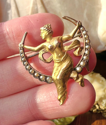 ANTIQUE • Art Nouveau 10k Yellow Gold Repoussé Female Swinging on Seed Pearl Crescent Brooch