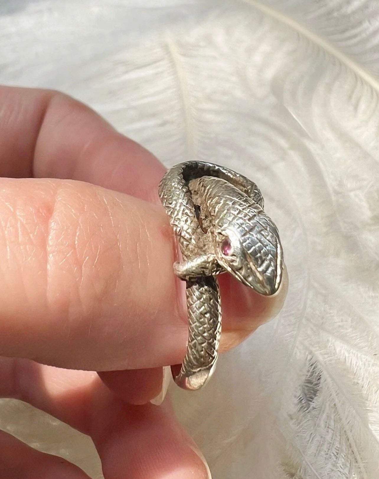 ANTIQUE • Victorian Sterling Silver Snake Ring w/ Garnet Eyes
