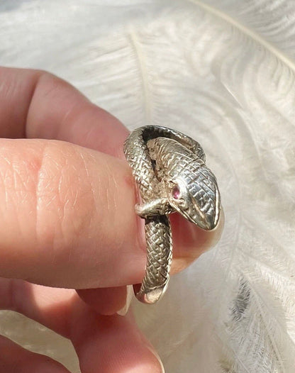 ANTIQUE • Victorian Sterling Silver Snake Ring w/ Garnet Eyes